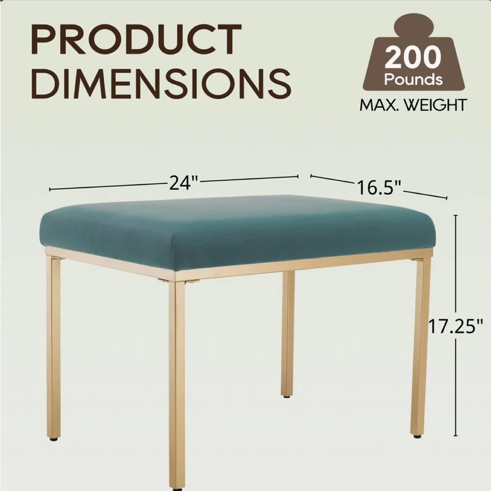 Rectangular Ottoman Footstool With Gold Metal Legs, Upholstered Accent Bench